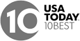 A logo featuring "10" inside a circle and text reading "USA TODAY 10BEST" next to it, all in grayscale.