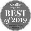 A gray circular badge with "Seattle Magazine Best of 2019 Readers’ Choice Winner" text.