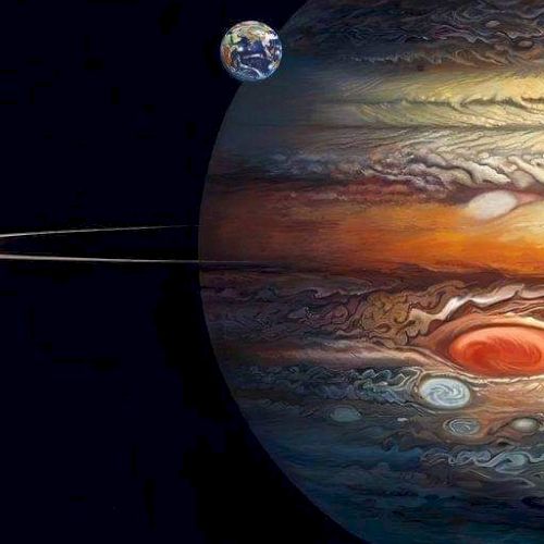 An artistic depiction of Jupiter with swirling clouds, the Great Red Spot, and Earth in the background, illustrating their relative sizes.
