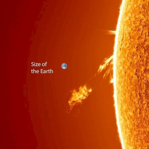 The image shows a section of the sun with a small Earth icon for scale, illustrating the size difference between Earth and the sun.