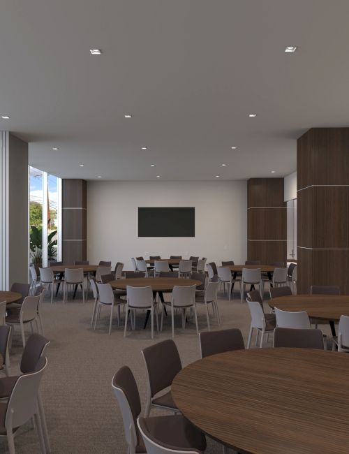 A modern conference room with round tables, chairs, a large screen, and floor-to-ceiling windows letting in natural light.